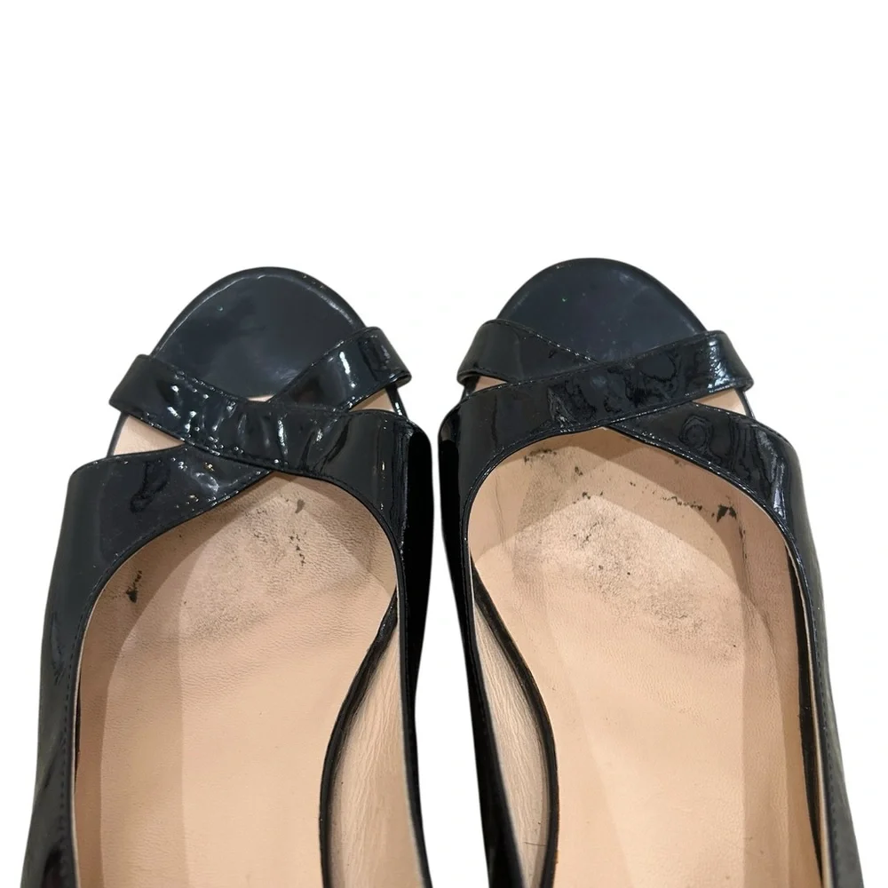 Cole Haan Black Patent Leather Wedge Slingbacks with Natural Woven Heel size 9